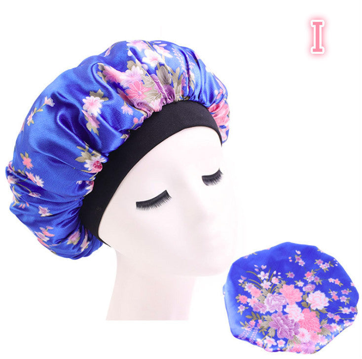 Bonnet de nuit en satin de soie imprimé beauté.
